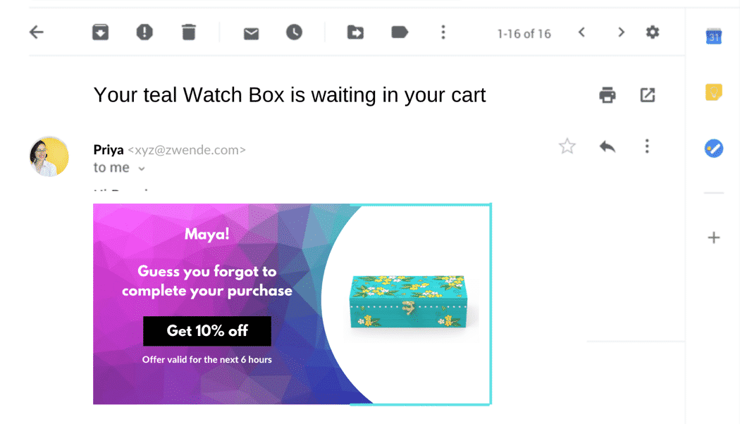 Email creatives to nurture the user who has abandoned the cart without making a purchase. 