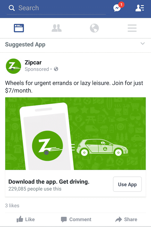 Zipcar banner on facebook