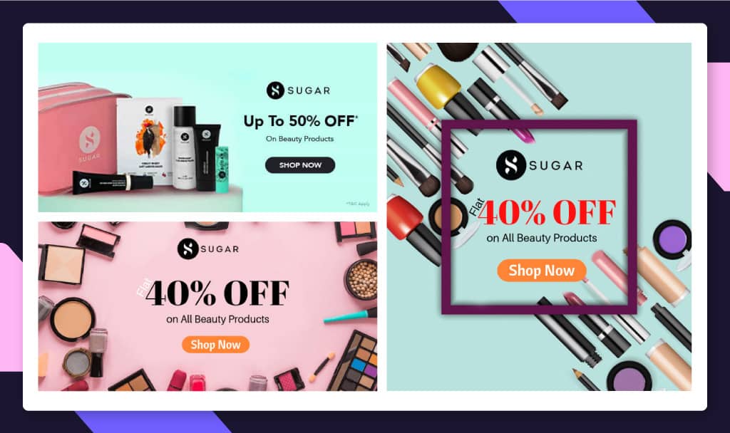 Sugar Cosmetics banners for high impact digital marketing campaigns in India